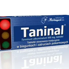 Opakowanie leku Taninal z symbolem sygnalizacji świetlnej. Tabletki na biegunkę i zatrucia pokarmowe.