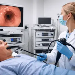 Lekarz wykonuje endoskopię przełyku u pacjenta. Na ekranie widoczny obraz wnętrza przewodu pokarmowego.