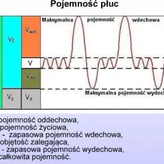 Schemat przedstawia pojemność płuc, ilustrując różne objętości oddechowe. Badanie spirometria pozwala ocenić te parametry.