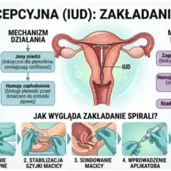Ilustracja przedstawia spiralę antykoncepcyjną, jej rodzaje (miedzianą i hormonalną), mechanizm działania oraz proces zakładania.