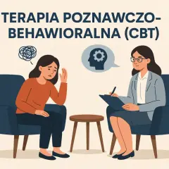 Kobieta w pomarańczowej bluzce przeżywa trudne chwile, ale terapia poznawczo-behawioralna (CBT) oferuje wsparcie.