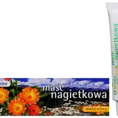 Maść nagietkowa na co? Na podrażnienia i regenerację skóry. Tubka i opakowanie z nagietkami.