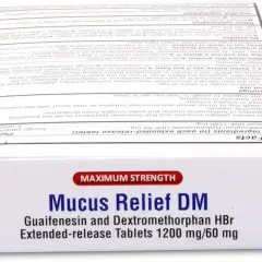 Lek Mucus Relief DM z guaifenesinem i dekstrometorfanem HBr, na kaszel i odkrztuszanie. Erdosol muco.