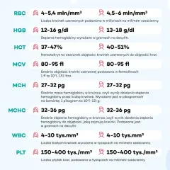 Tabela z normami badań krwi: RBC, HGB, HCT, MCV, MCH, MCHC, WBC. Ostatni wiersz pokazuje płytki krwi norma: 150-400 tys./mm³.