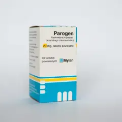 Opakowanie leku Parogen z paroksetyną 20 mg, 60 tabletek powlekanych, firmy Mylan.
