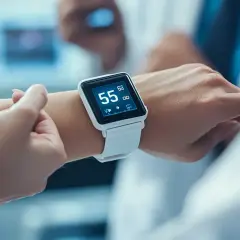 Biały smartwatch na nadgarstku pokazuje 55 uderzeń na minutę, co wskazuje na prawidłowe tętno.
