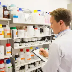 Farmaceuta w białym kitlu notuje na kartce, przeglądając półki pełne leków, w tym amlozek.