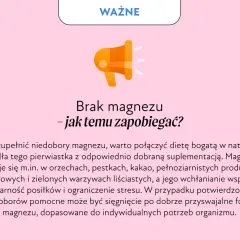 Grafika informuje o tym, jak zapobiegać niedoborom magnezu. Podkreśla znaczenie diety bogatej w naturalne źródła magnezu i suplementacji.