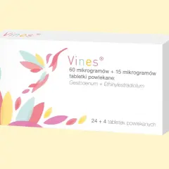 Opakowanie leku Vines z kolorowymi, przypominającymi liście lub płatki wzorami. Nazwa leku i jego skład są widoczne.