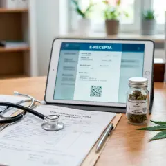 Na biurku lekarza leży stetoskop, dokumentacja medyczna, tablet z e-receptą i słoiczek z medyczną marihuaną.
