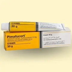Pimafucort maść, krem 30g. Lek na receptę, zawiera natamycynę, hydrokortyzon i neomycynę.