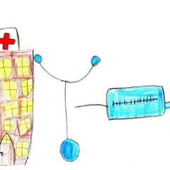 Szpital z czerwonym krzyżem, stetoskop i strzykawka. Może to symbol szczepienia Prevenar 20.