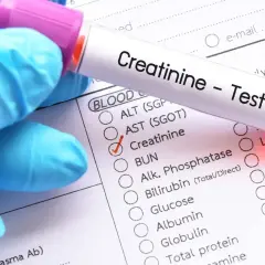 Rękawiczka w niebieskiej rękawiczce trzyma probówkę z napisem "Creatinine - Test". Obok zaznaczono "Creatinine", co sugeruje badanie poziomu kreatyniny w celu sprawdzenia, czy mieści się w kreatynina norma.