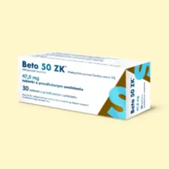 Opakowanie leku Beto 50 ZK, zawierające 30 tabletek o przedłużonym uwalnianiu, z dawką 47,5 mg metoprololu.