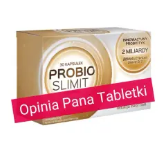 Opakowanie suplementu diety Probio Slimit, innowacyjnego probiotyku z 2 miliardami bakterii. Widoczna opinia "Pana Tabletki" o spalaniu tłuszczu i redukcji masy ciała.