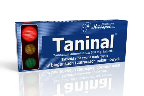 Opakowanie leku Taninal z symbolem sygnalizacji świetlnej. Tabletki na biegunkę i zatrucia pokarmowe.
