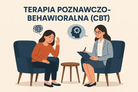 Kobieta w pomarańczowej bluzce przeżywa trudne chwile, ale terapia poznawczo-behawioralna (CBT) oferuje wsparcie.