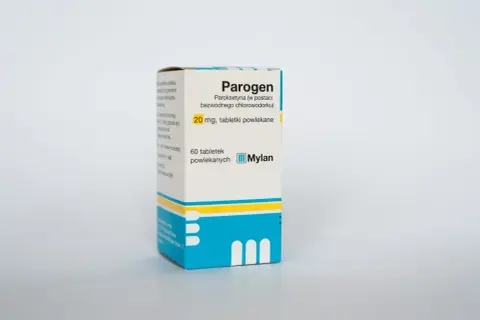 Opakowanie leku Parogen z paroksetyną 20 mg, 60 tabletek powlekanych, firmy Mylan.