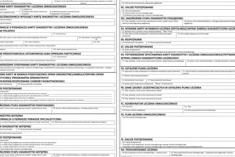 Karta diagnostyki i leczenia onkologicznego, formularz medyczny z polami do wypełnienia.