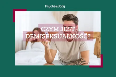 Mężczyzna trzyma w ręku opakowanie leków, zastanawiając się nad swoim **demiseksualizmem**. W tle kobieta w łóżku.