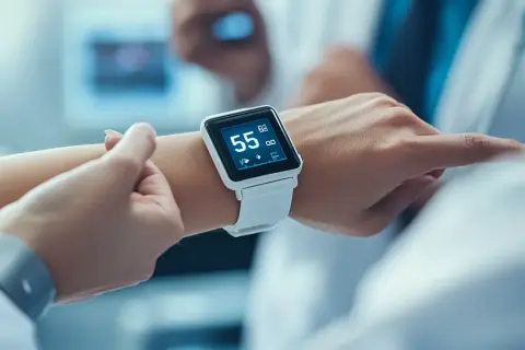 Biały smartwatch na nadgarstku pokazuje 55 uderzeń na minutę, co wskazuje na prawidłowe tętno.
