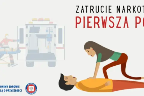 Pierwsza pomoc przy zatruciu narkotykami: ratownicy z karetką i kobieta reanimująca mężczyznę.