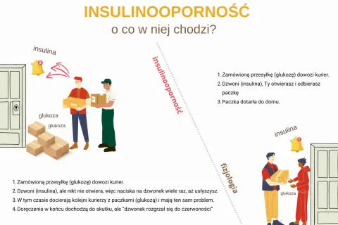 Ilustracja wyjaśnia insulinooporność: kurierzy dostarczają glukozę, ale insulina nie reaguje, co utrudnia jej odbiór. Badania insulinooporności pomagają zrozumieć ten proces.
