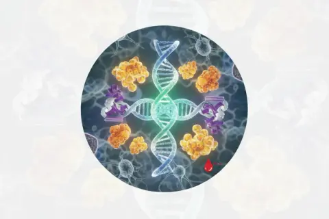 Molekularne podstawy fenyloketonurii: DNA, białka i komórki nerwowe. Kropelka krwi symbolizuje diagnostykę.
