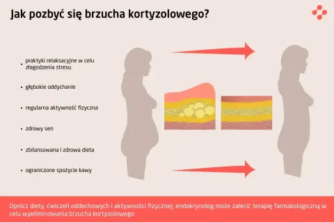 Grafika pokazuje, jak pozbyć się brzucha kortyzolowego poprzez relaks, ćwiczenia, sen i dietę. Zmniejsza się warstwa tłuszczu.