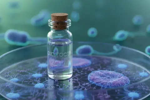 Szklana fiolka z napisem "OXYTOCIN" na tle komórek. Oksytocyna co to? Hormon miłości i więzi.