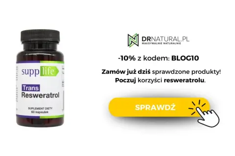Butelka suplementu "Trans Resweratrol" od Supplife. Odkryj korzyści resweratrolu z kodem rabatowym.