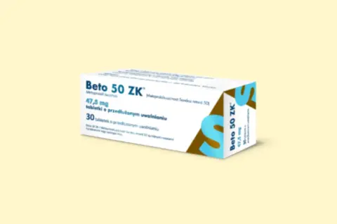 Opakowanie leku Beto 50 ZK, zawierające 30 tabletek o przedłużonym uwalnianiu, z dawką 47,5 mg metoprololu.
