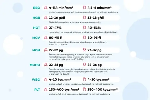 Podstawowe badania krwi: RBC, HGB, HCT, MCV, MCH, MCHC, WBC, PLT z normami.