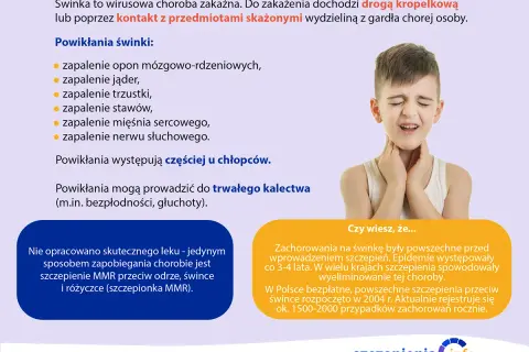 Chłopiec z bólem gardła, objawy świnki: zapalenie jąder, stawów, nerwu słuchowego. Szczepienie MMR chroni przed chorobą.