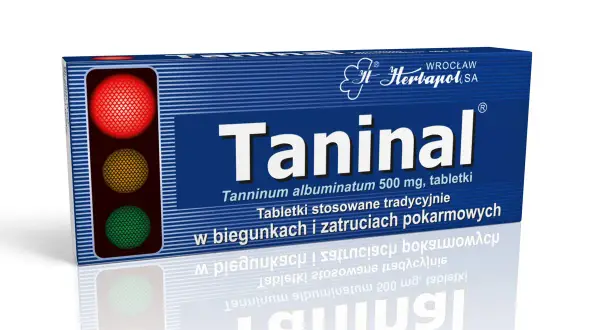 Opakowanie leku Taninal z symbolem sygnalizacji świetlnej. Tabletki na biegunkę i zatrucia pokarmowe.
