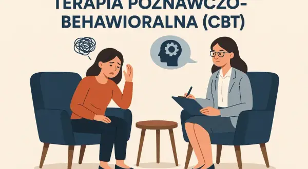 Kobieta w pomarańczowej bluzce przeżywa trudne chwile, ale terapia poznawczo-behawioralna (CBT) oferuje wsparcie.