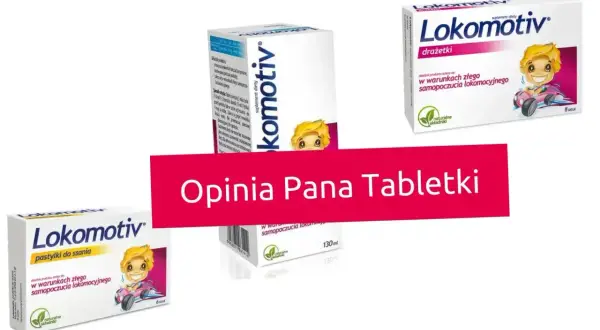 Opakowania Lokomotiv, suplementu diety na złe samopoczucie lokomocyjne, z wesołą postacią dziecka w bolidzie.