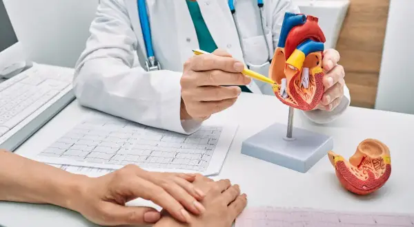 Lekarz wyjaśnia pacjentowi budowę serca, omawiając wyniki EKG. Długie L4 to nie rozwiązanie, lepiej zadbać o zdrowie.