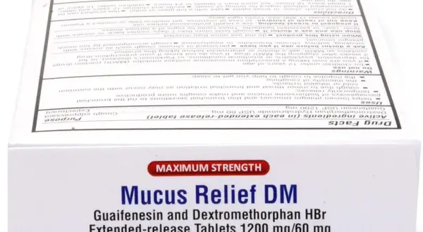 Lek Mucus Relief DM z guaifenesinem i dekstrometorfanem HBr, na kaszel i odkrztuszanie. Erdosol muco.