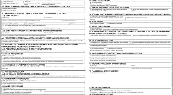 Karta diagnostyki i leczenia onkologicznego, formularz medyczny z polami do wypełnienia.