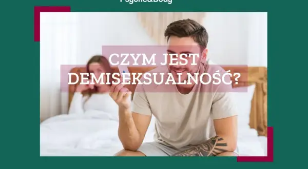 Mężczyzna trzyma w ręku opakowanie leków, zastanawiając się nad swoim **demiseksualizmem**. W tle kobieta w łóżku.