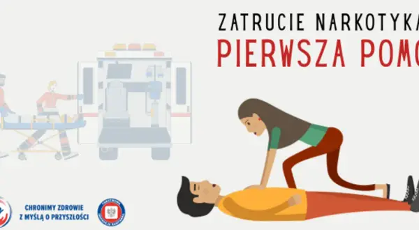 Pierwsza pomoc przy zatruciu narkotykami: ratownicy z karetką i kobieta reanimująca mężczyznę.