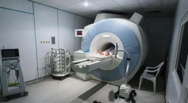 Pacjent leży w aparacie do rezonansu magnetycznego. To badanie, mri co to, pozwala na szczegółowe obrazowanie wnętrza ciała.