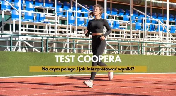 Kobieta biegnie na bieżni stadionu. Na ekranie widnieje napis "TEST COOPERA".