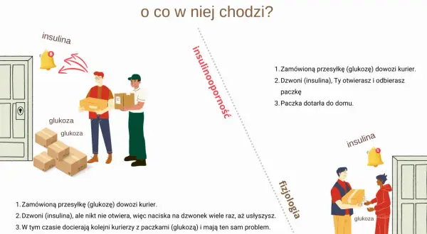 Ilustracja wyjaśnia insulinooporność: kurierzy dostarczają glukozę, ale insulina nie reaguje, co utrudnia jej odbiór. Badania insulinooporności pomagają zrozumieć ten proces.