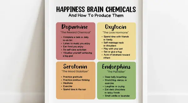 Plakat "Happiness Brain Chemicals" pokazuje, jak wywołać endorfiny: głębokie oddychanie, taniec, ćwiczenia, śmiech, gorzka czekolada.