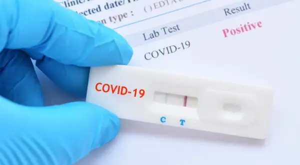 Ręka w niebieskiej rękawiczce trzyma test antygenowy COVID-19 z dwoma widocznymi paskami, wskazującymi na pozytywny wynik.