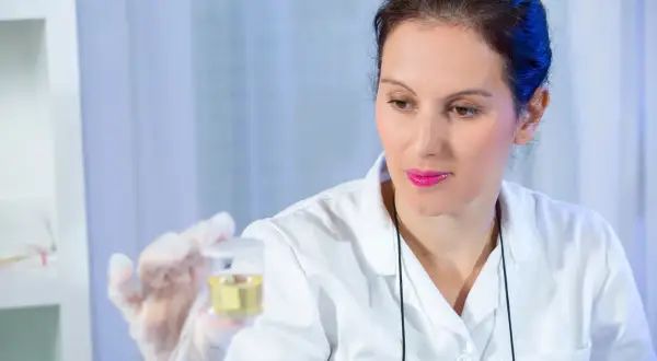 Naukowczyni analizuje próbkę moczu, sprawdzając obecność bilirubiny.