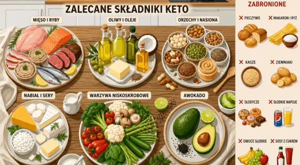 Przewodnik keto diety: mięso, ryby, nabiał, warzywa, awokado, oliwy, orzechy. Unikaj pieczywa, makaronu, kasz, ziemniaków, słodyczy i słodkich napojów.