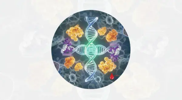 Molekularne podstawy fenyloketonurii: DNA, białka i komórki nerwowe. Kropelka krwi symbolizuje diagnostykę.